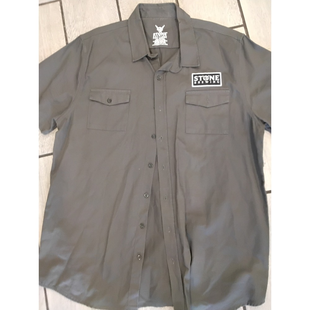 Stone Brewing Mens Short Sleeve Work Shirt Gray 3XL Button Down Logo Patch